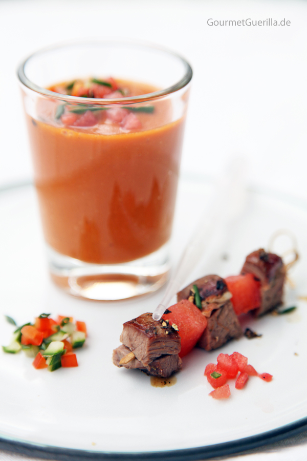 Bloody Mary Gazpacho with lamb and melon skewer #recipe #gourmet guerrilla # vodka