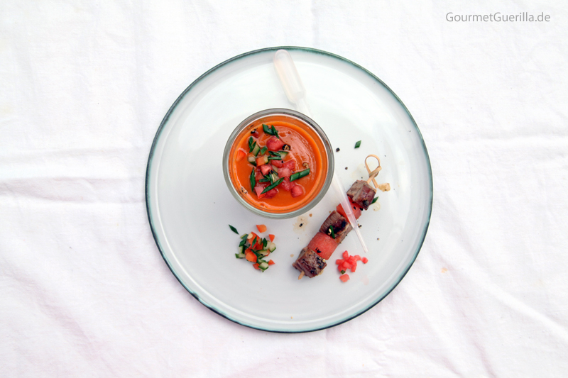 Bloody Mary Cazpacho with lamb and melon skewer #recipe #gourmetguerilla