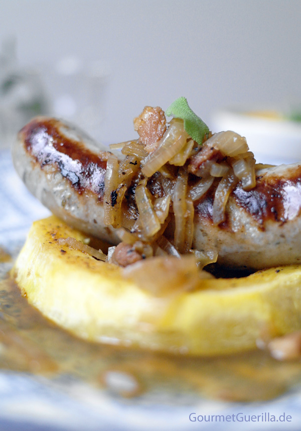 Bratwurst in spaghetti squash ring with onion and bacon dip